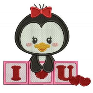 I Love You Cute Penguin Filled Machine Embroidery Design Digitized Pattern 